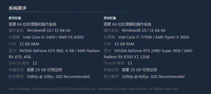 《奇异人生：双重曝光》PC配置要求Steam版